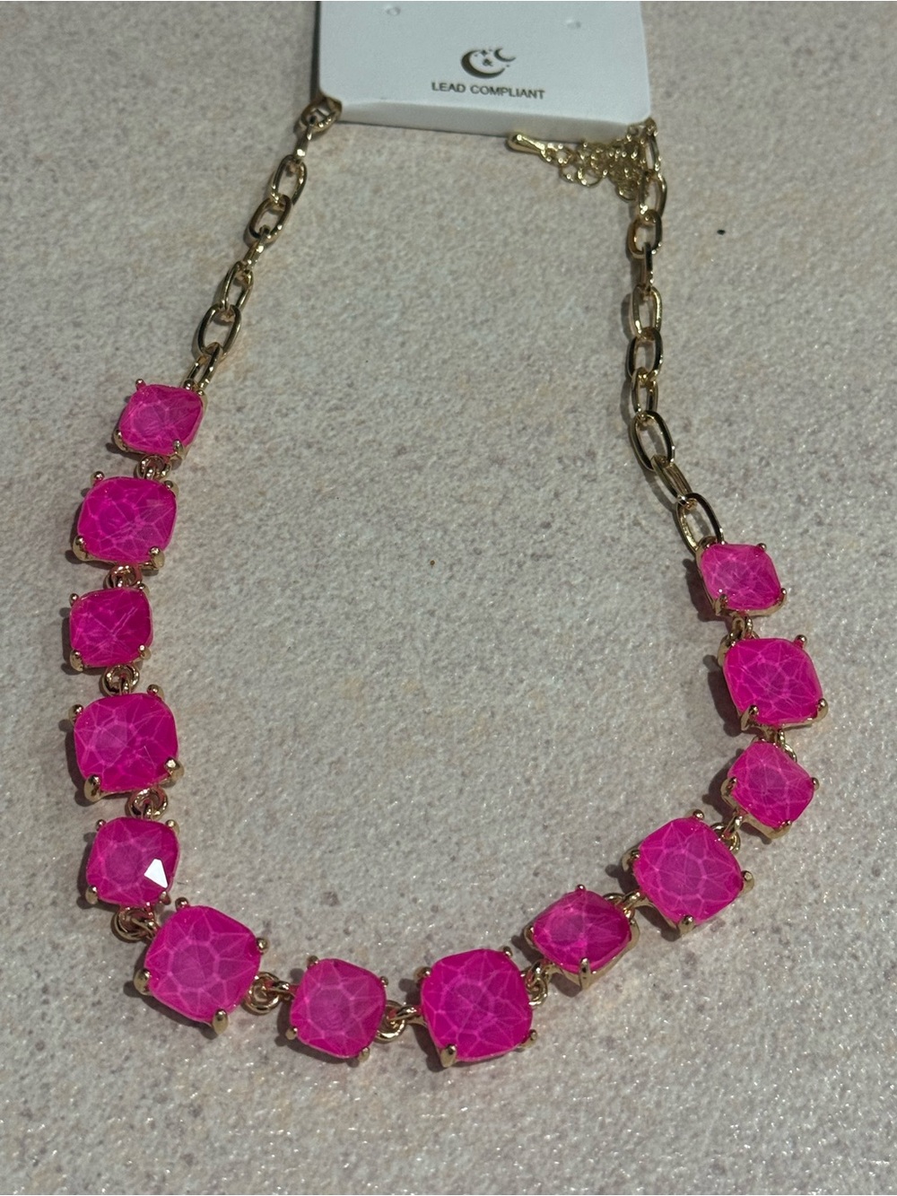 Gold Chain Necklace with Hot Pink Gemstones - Women Jewelry